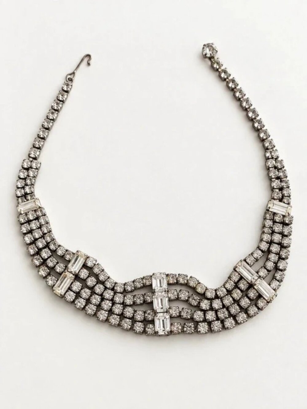 Real mid-century!! Vintage Multi-Strand Rhinestone Choker Necklace | Baguette Cr